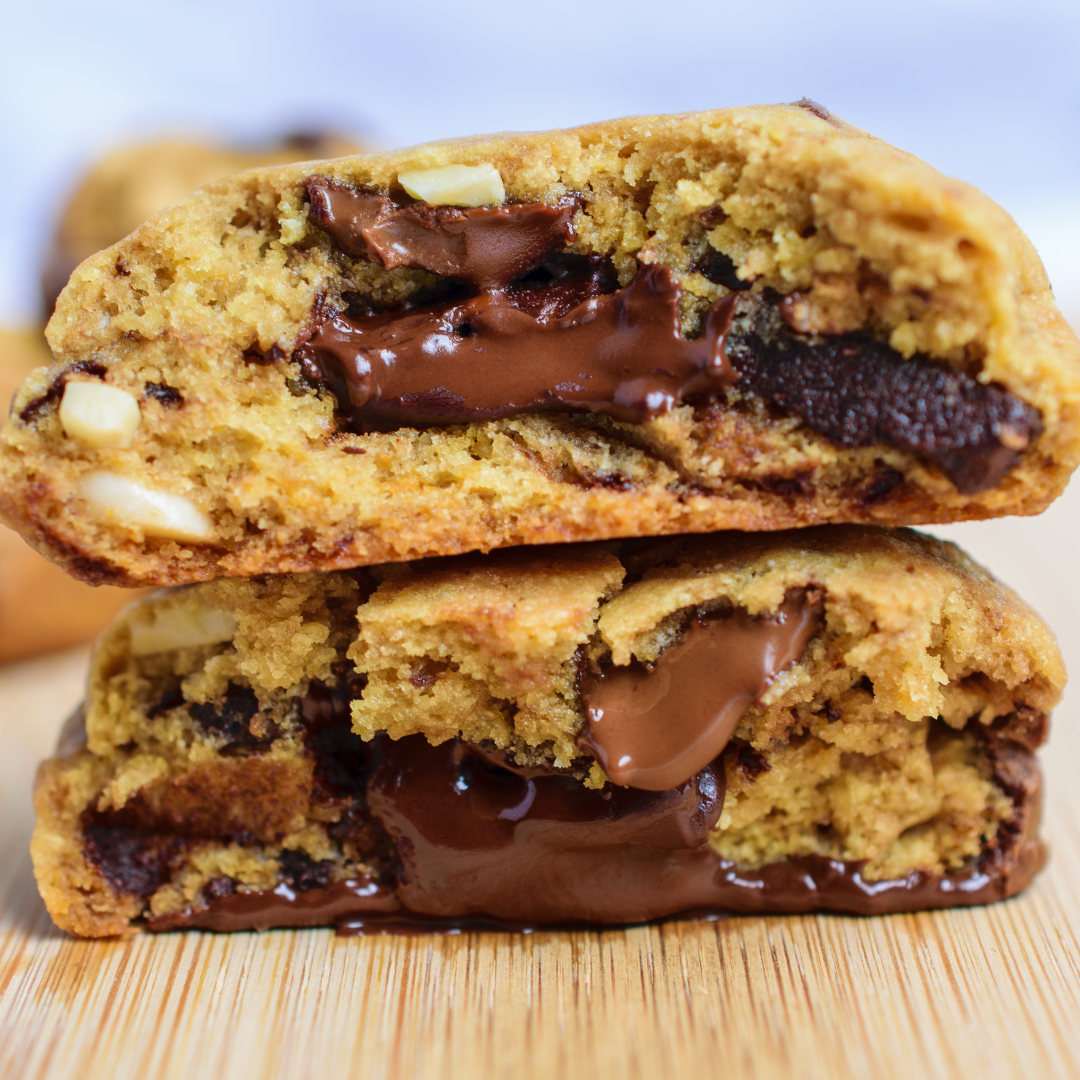 Chocolate chip cookie cut in half