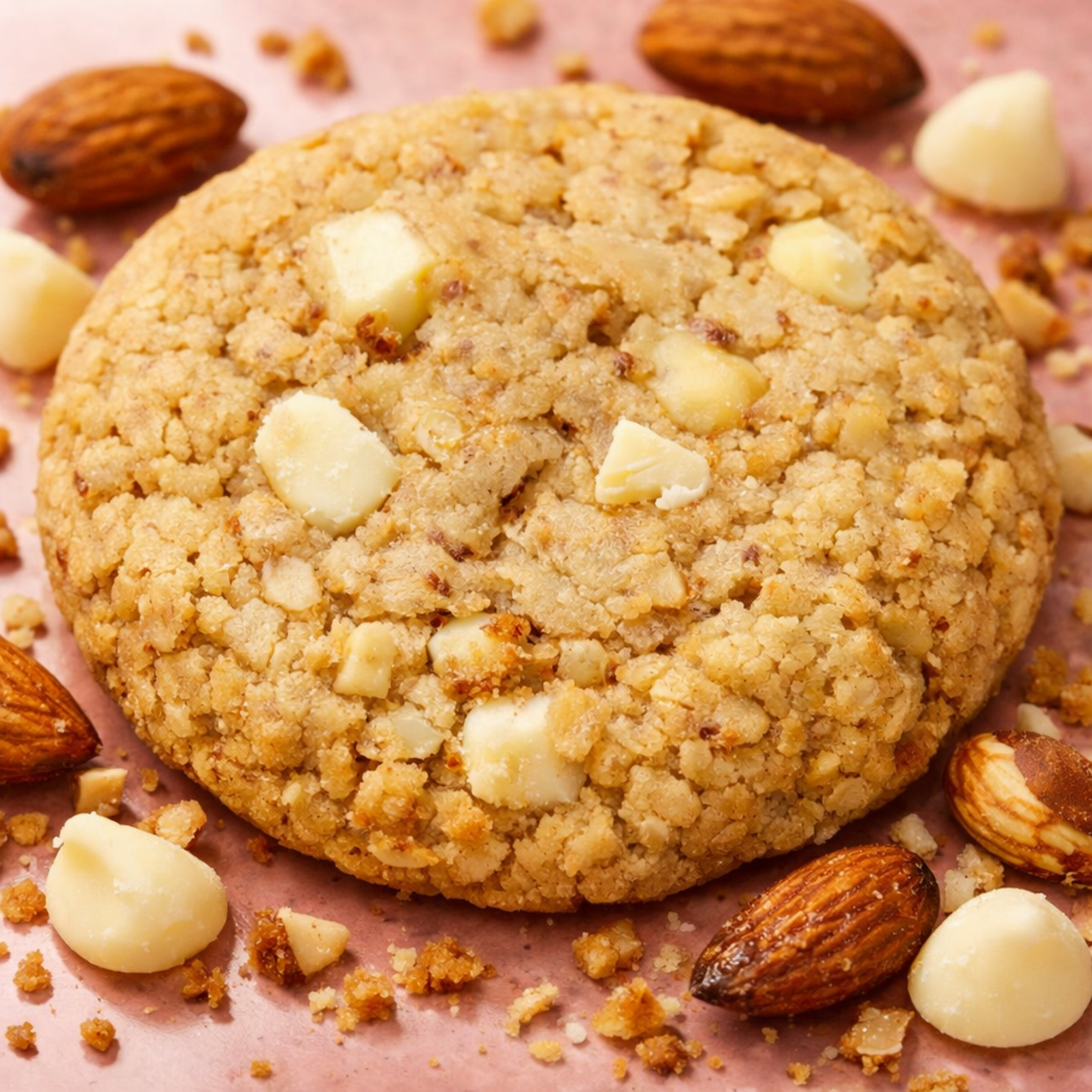 Cookie with white chocolate chips and almonds on a pink background