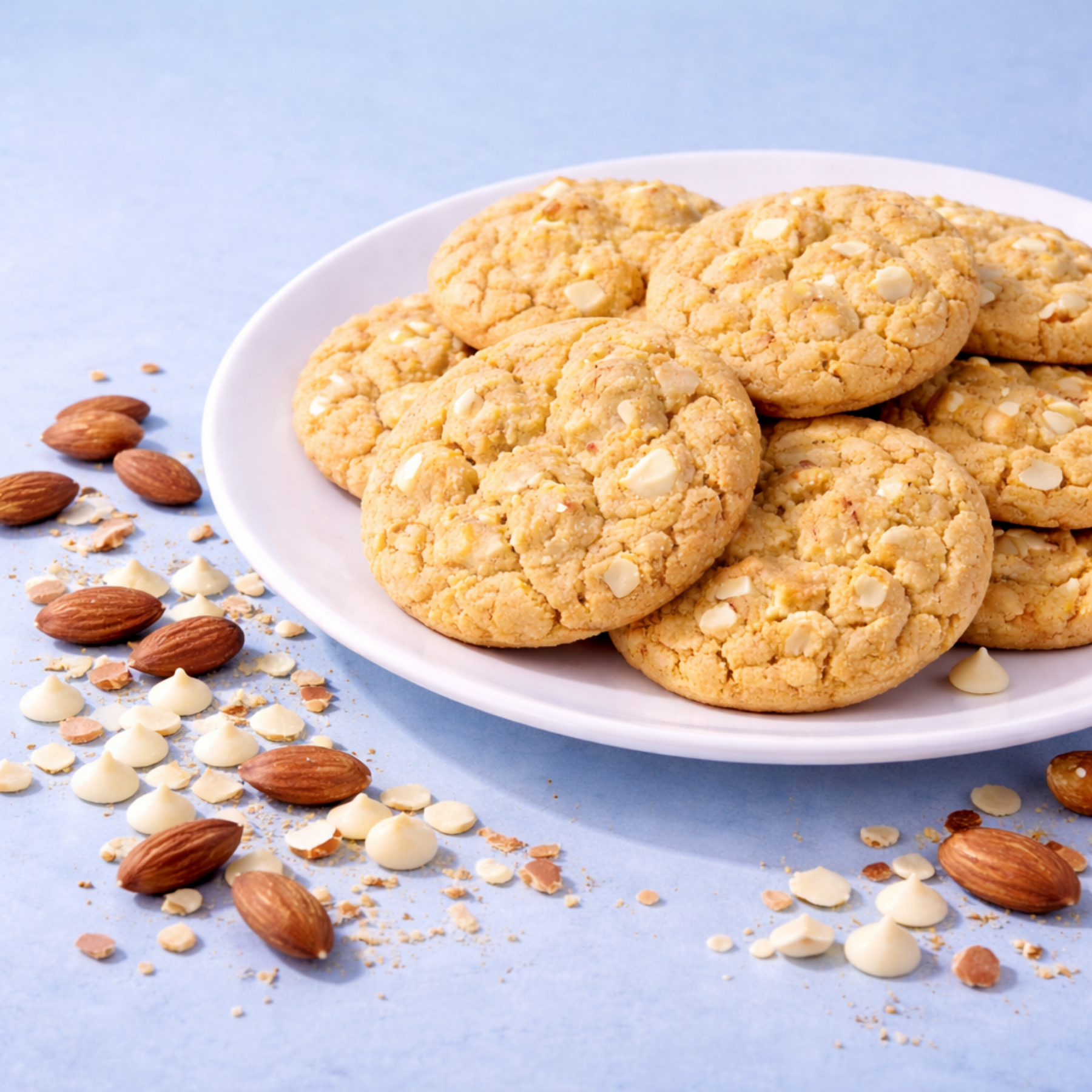 Cookies on a white plate with almonds and white chocolate chips on a blue background