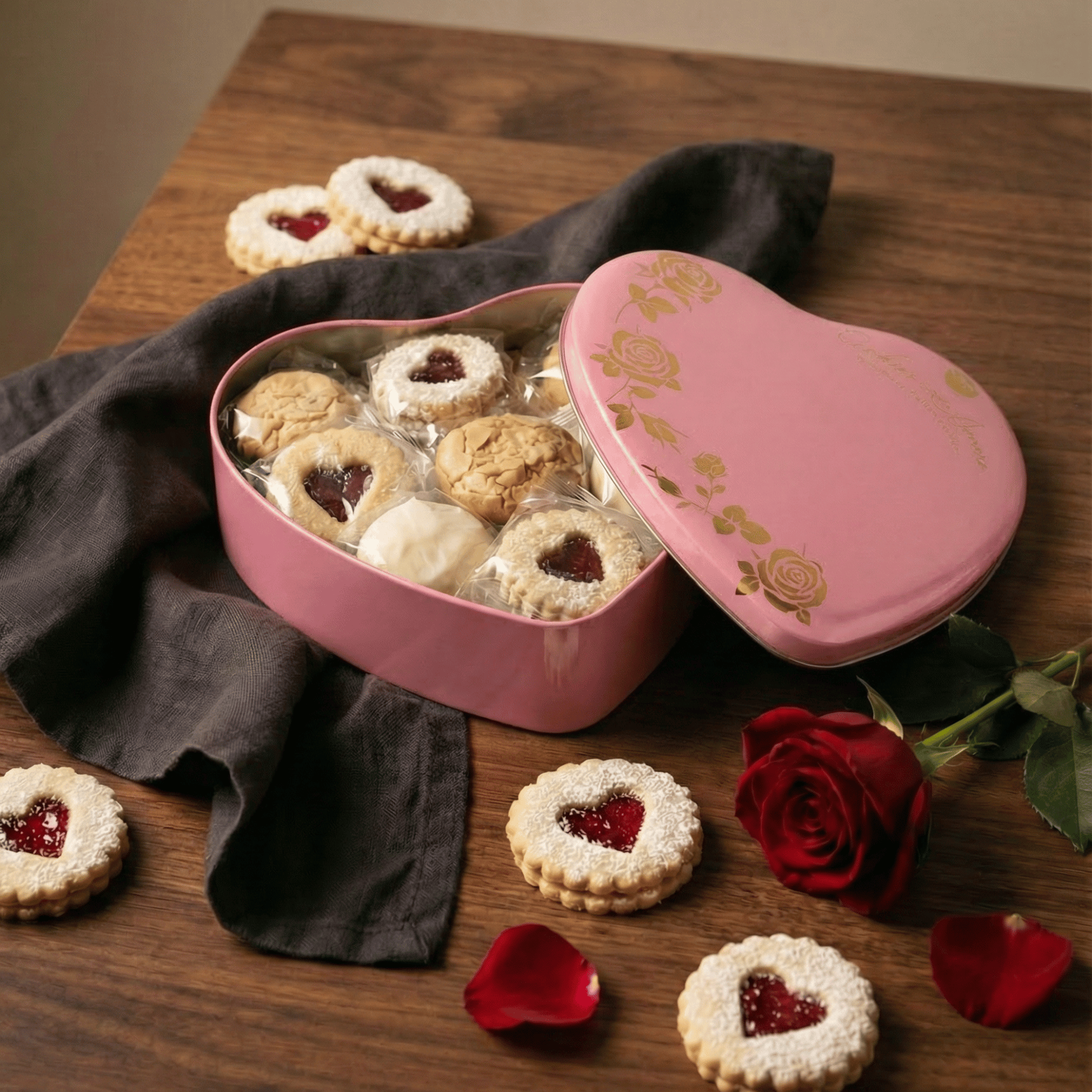 Heart-shaped pink cookie tin filled with cookies on a wooden table with a red rose.