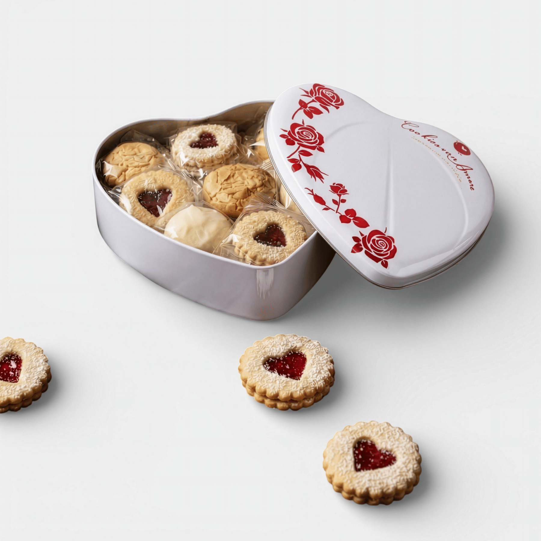 Heart-shaped cookie tin with cookies on a white background