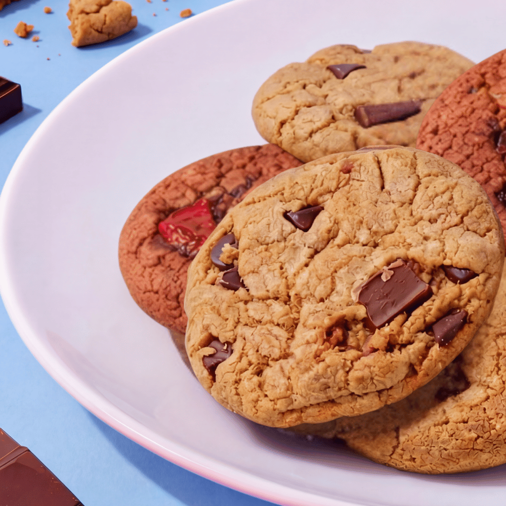 Cookies with chocolate chunks on a white plate against a blue background