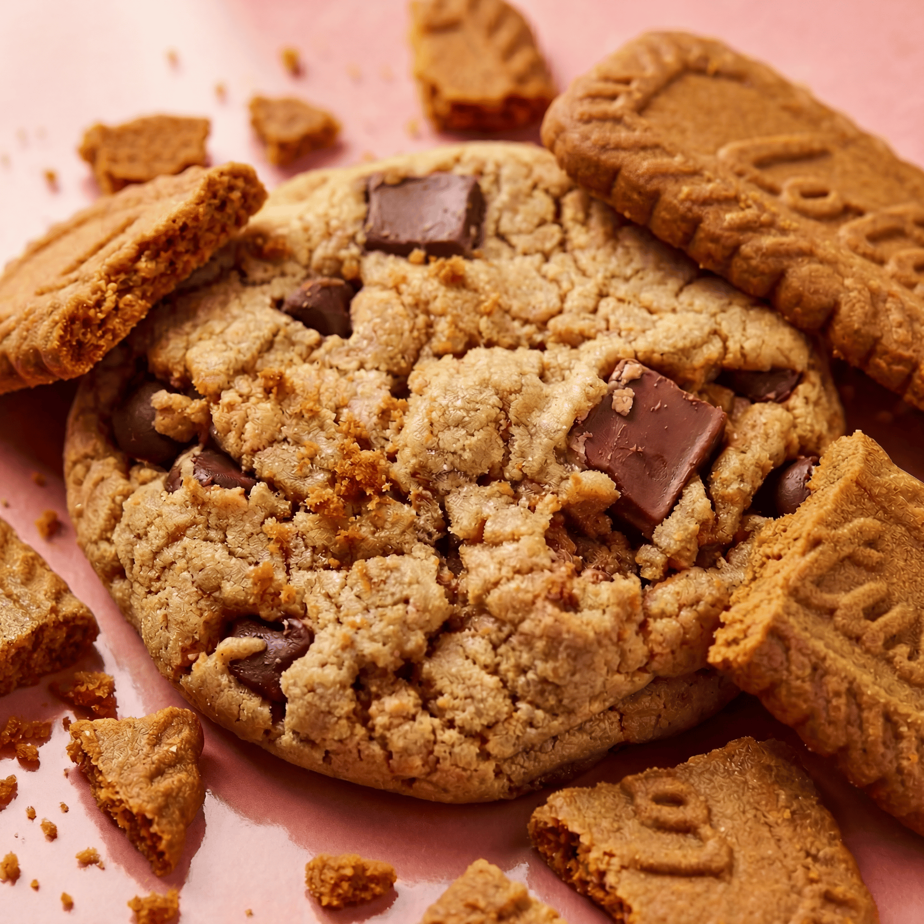 Cookie with chocolate chunks surrounded by other cookies on a pink background