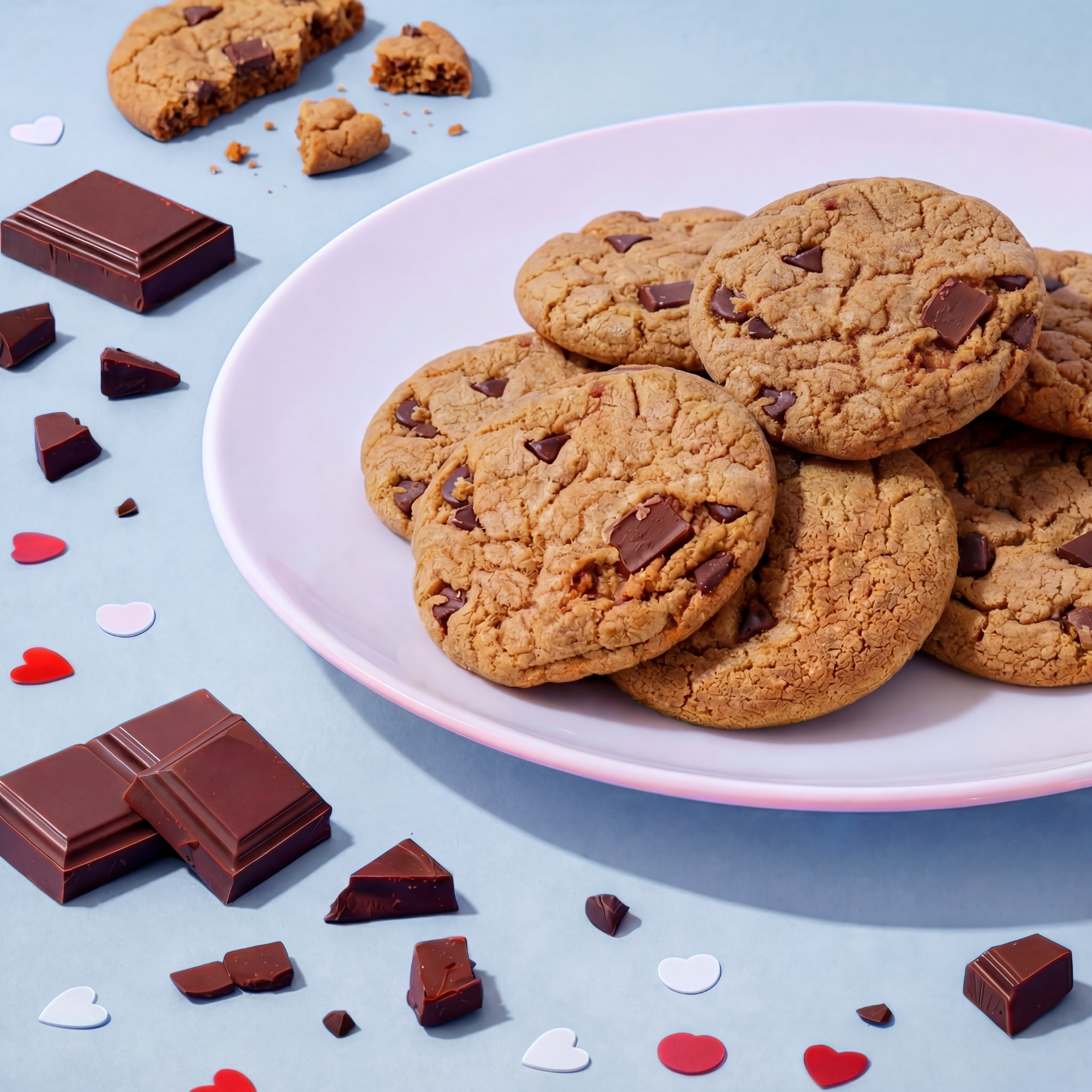 Cookies with chocolate chips on a plate surrounded by chocolate pieces and heart-shaped candies on a light blue background