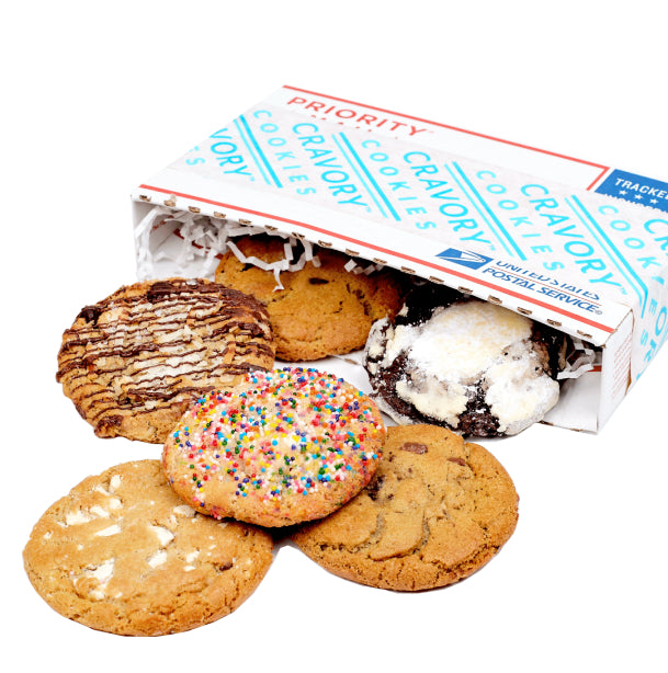 Assorted cookies in a USPS mailing box