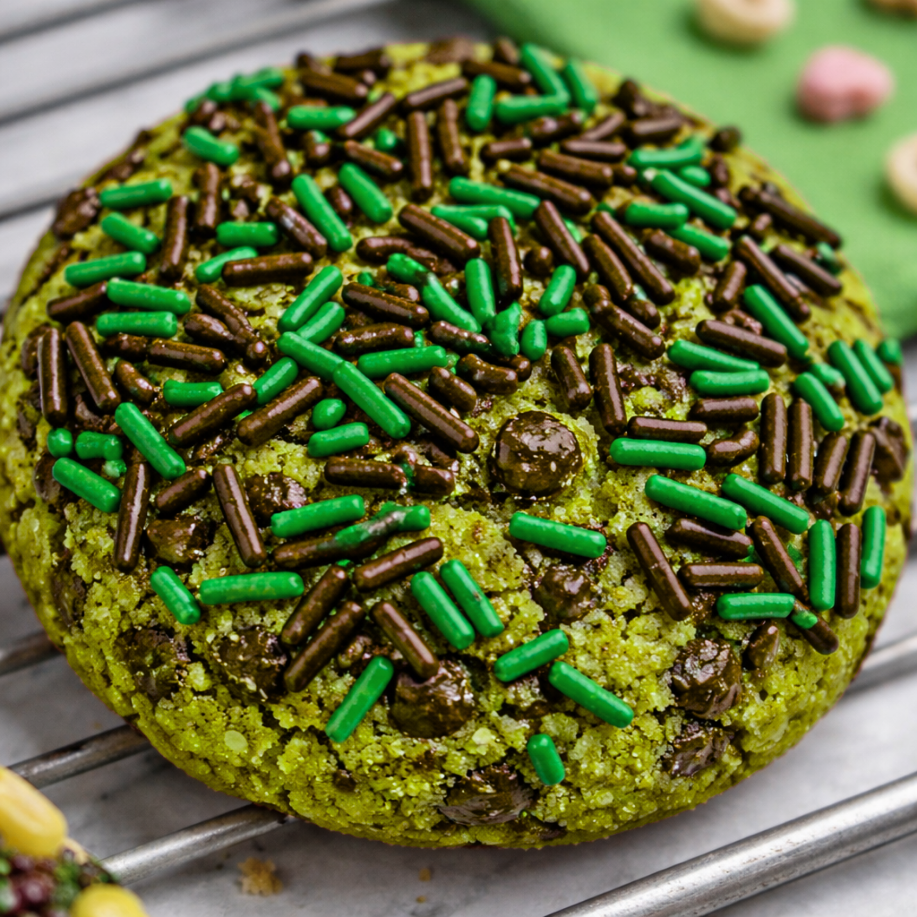Green cookie with brown and green sprinkles on a cooling rack