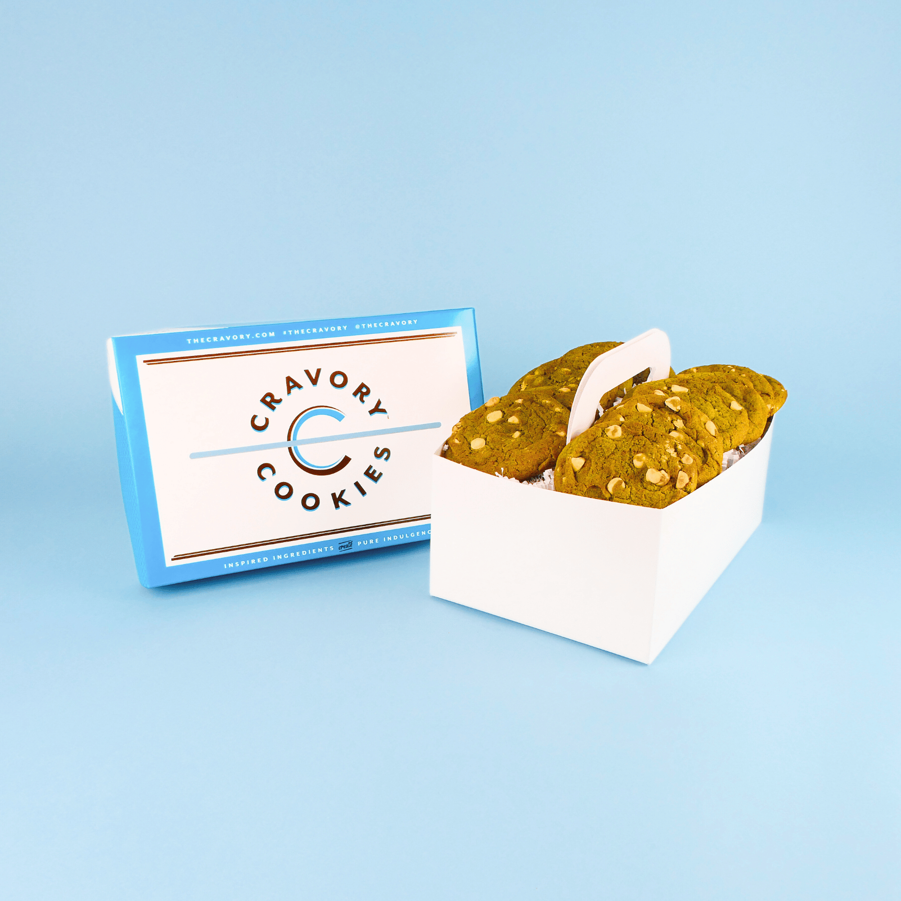 Box of Cravory Cookies with a blue background