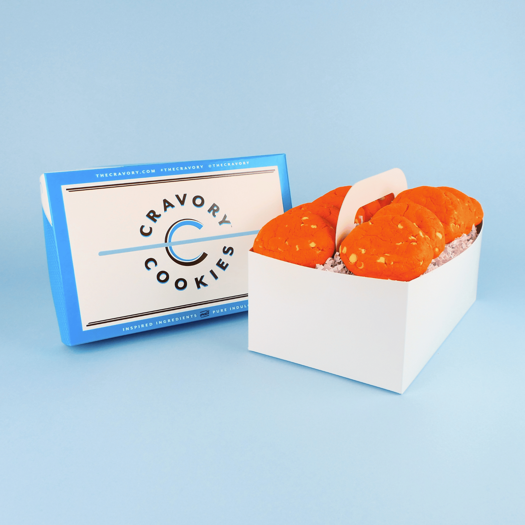 Box of Cravory Cookies with a blue background