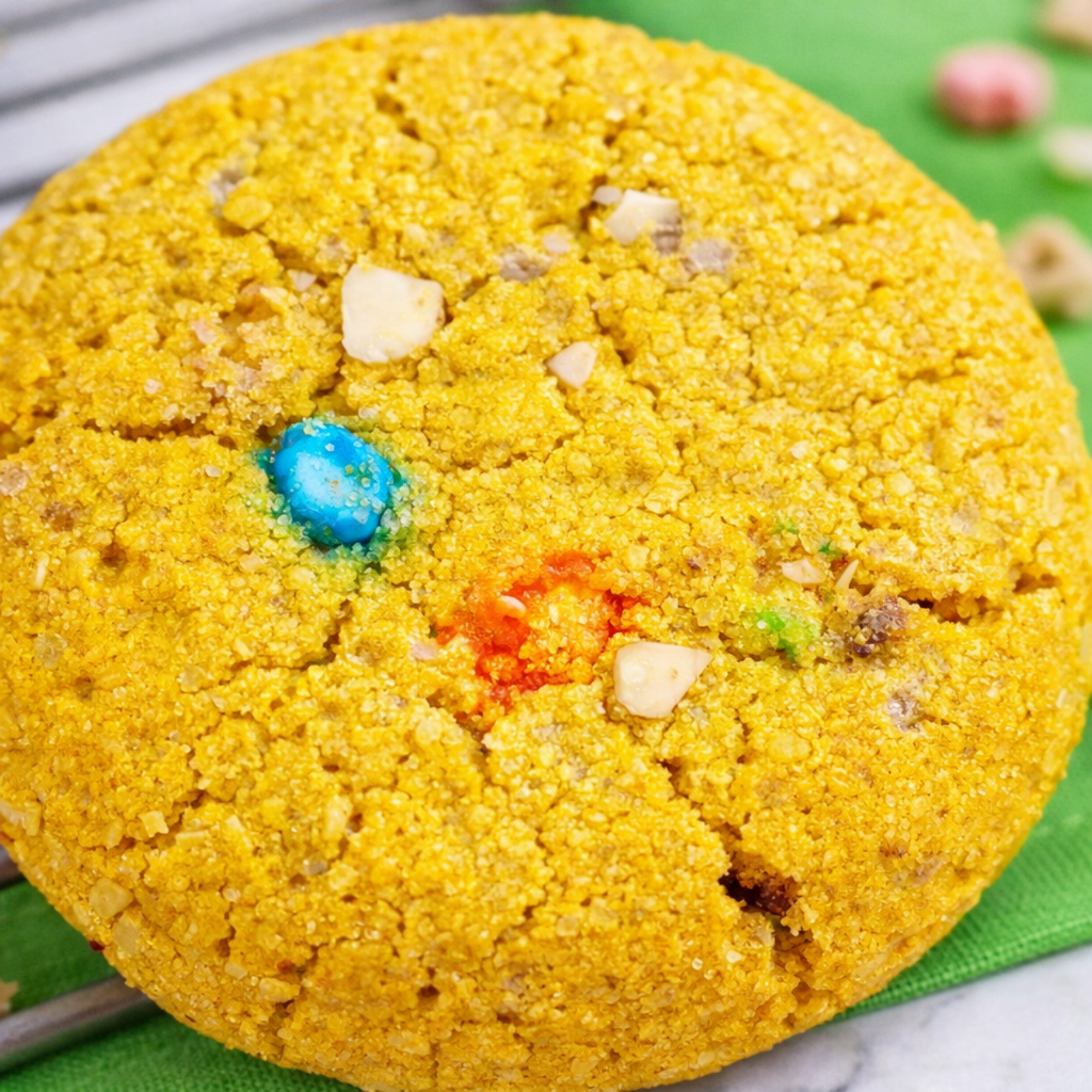 Yellow cookie with colorful candies on a green surface
