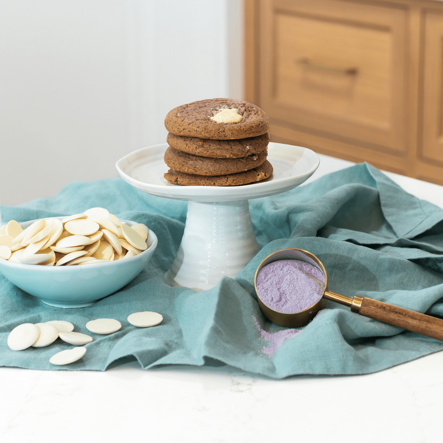 taro cookies stacked on tray