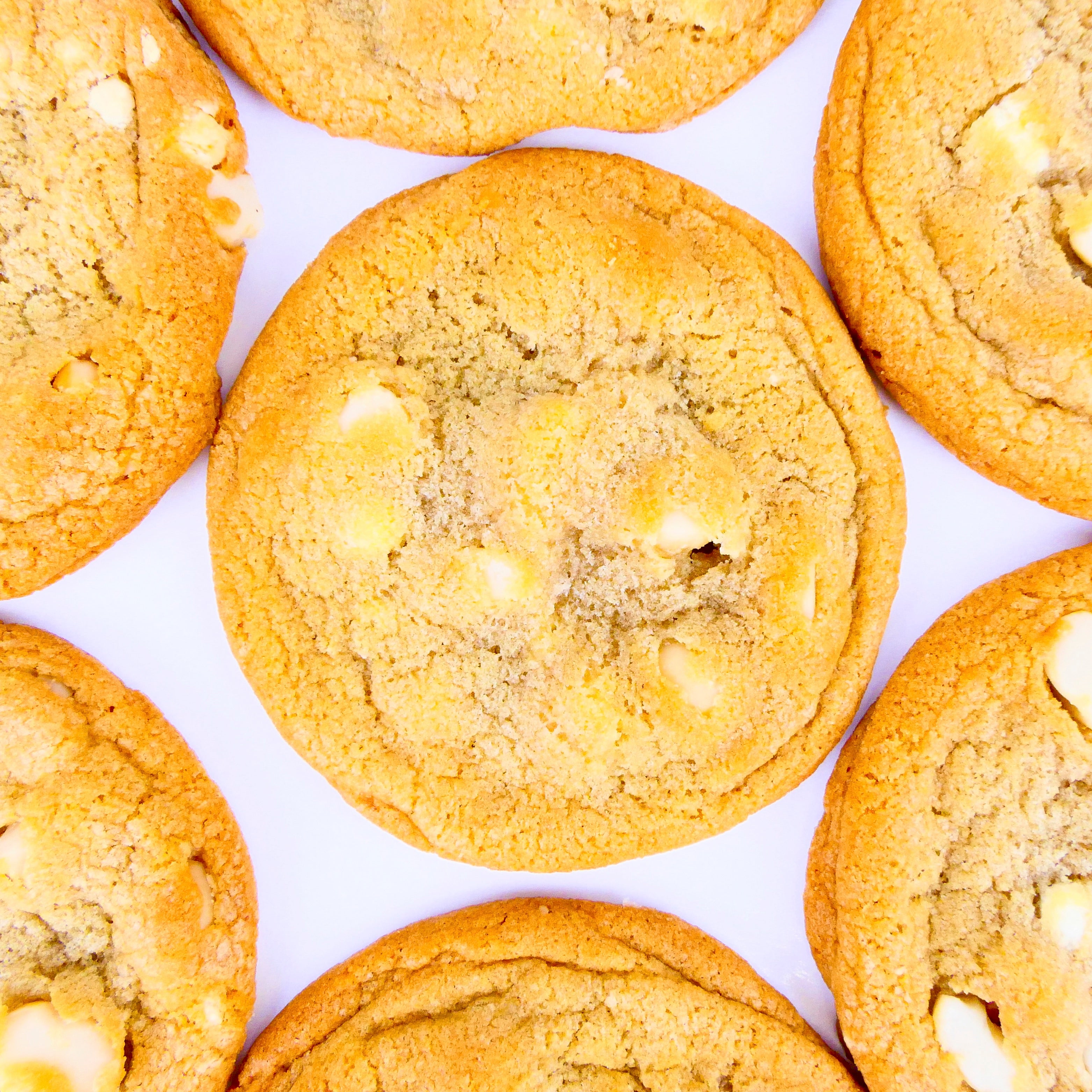 White Chocolate Macadamia Cookies in flatlay