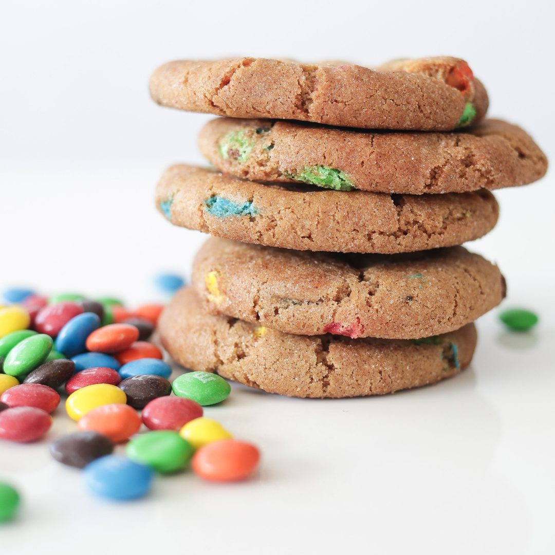 Stack of M&M chocolate chip cookies