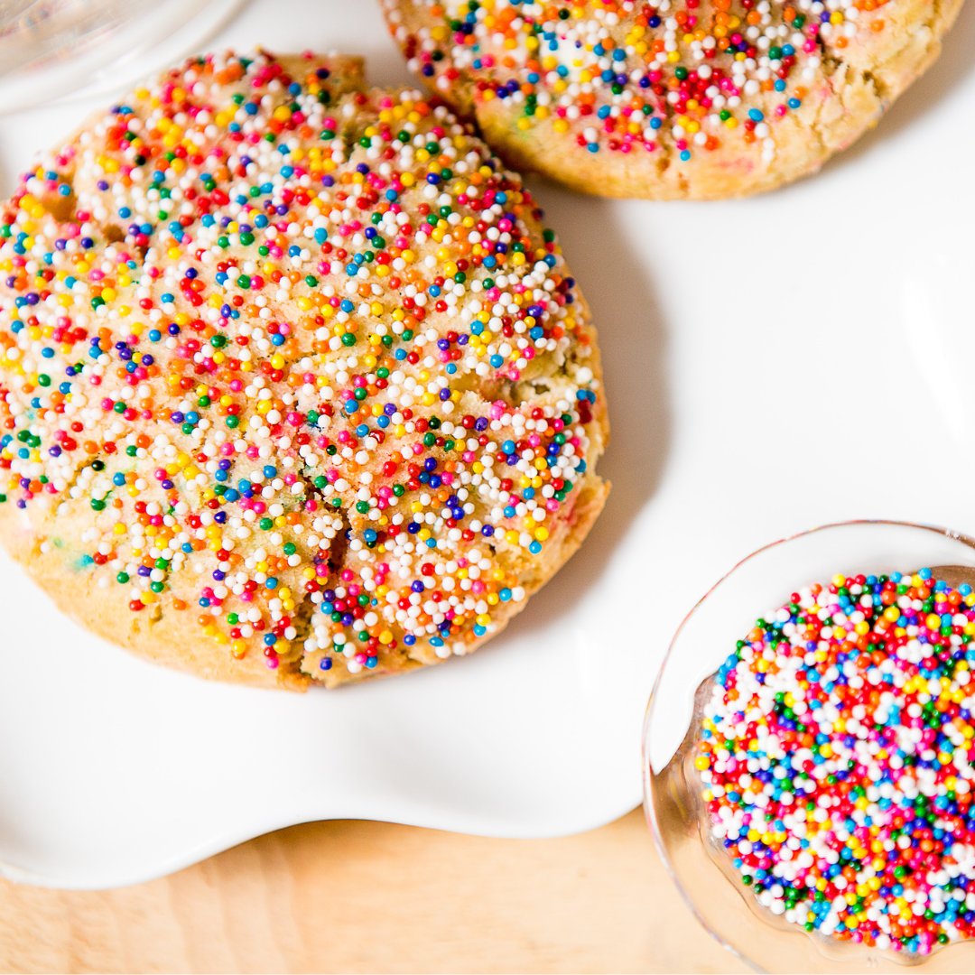 Birthday Cake Cookies Recipe - Cookies with rainbow sprinkles on plate