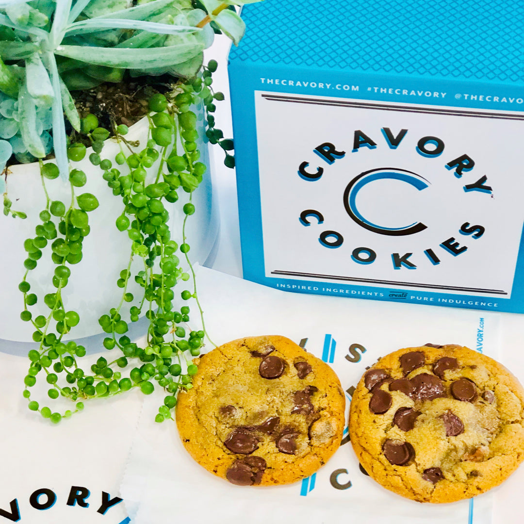 Cravory Cookies displayed box with chocolate chip cookies