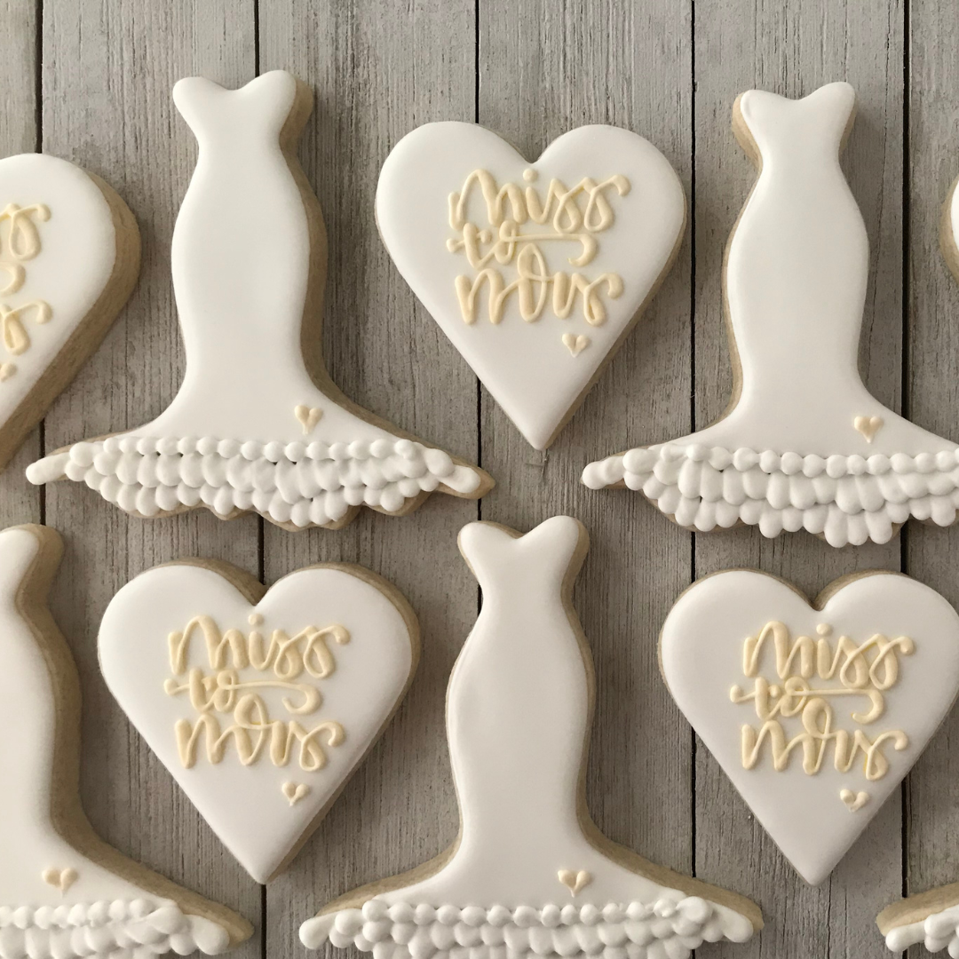 How Many Cookies Per Person at a Wedding - cookies shaped in hearts and wedding gowns displayed on tray  