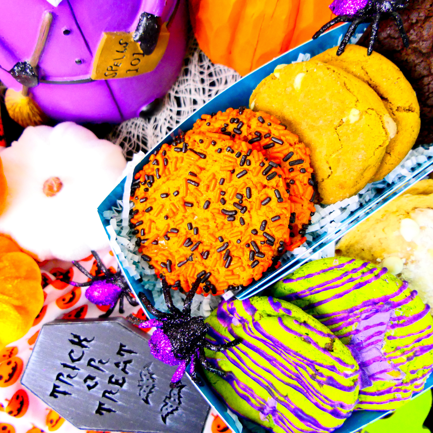 assorted Halloween cookies in box