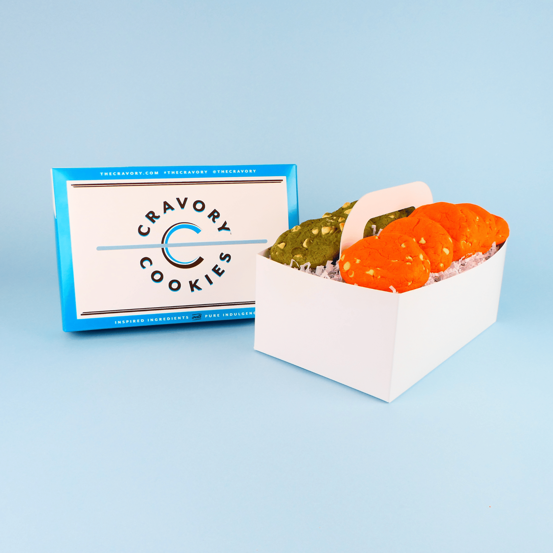 Box of Cravory Cookies with a blue background