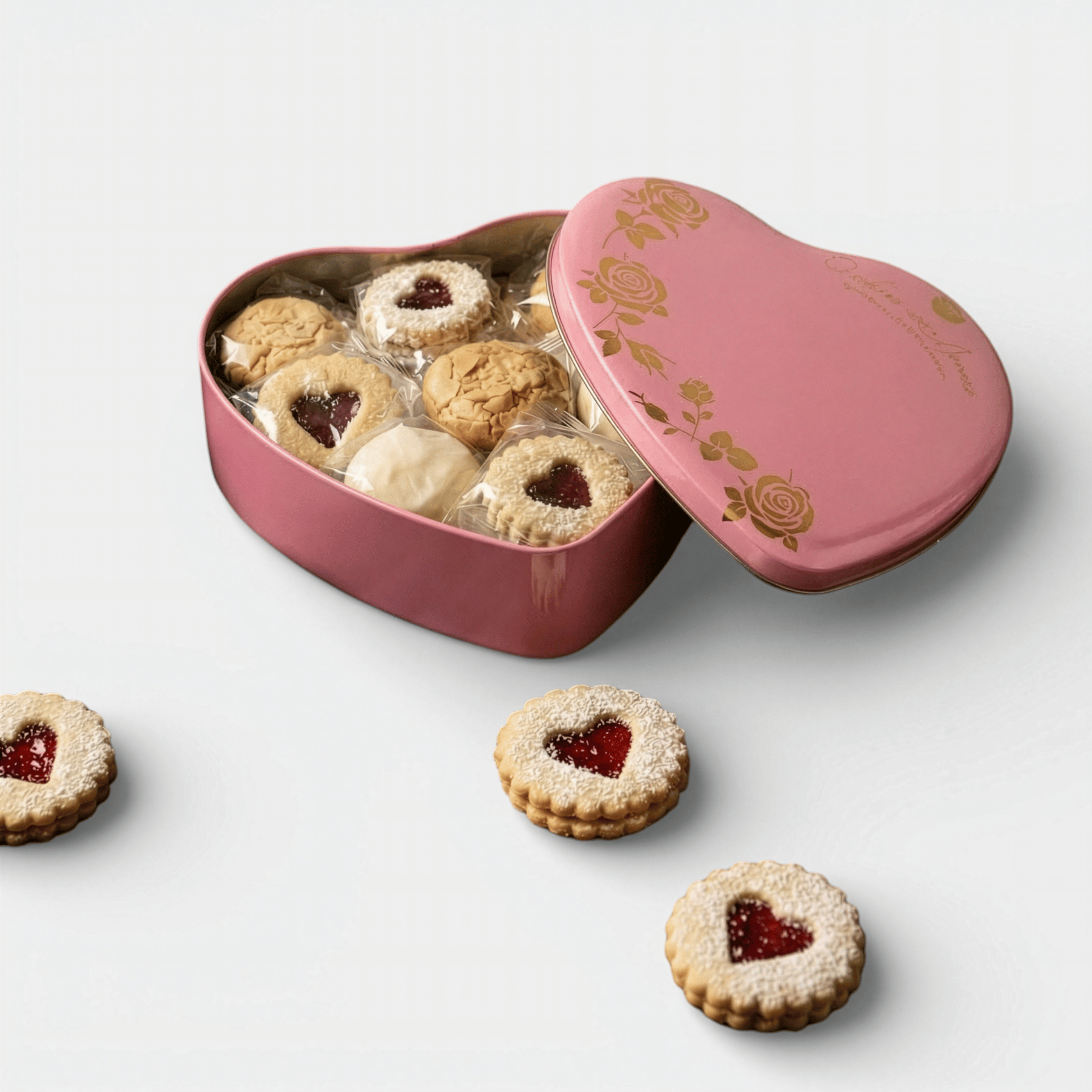 Heart-shaped pink cookie tin with cookies on a light gray background