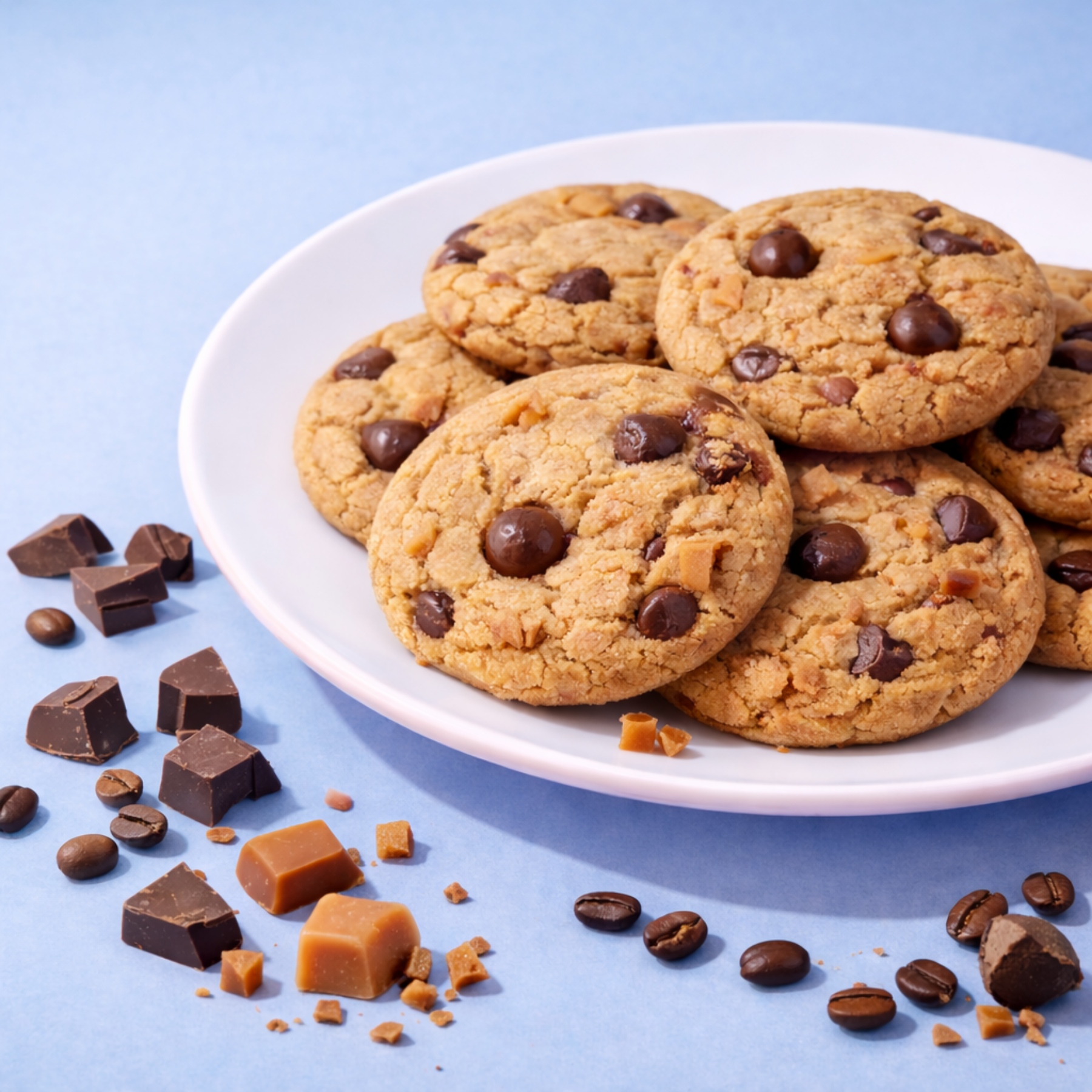 Plate of chocolate chip cookies with scattered chocolate pieces and coffee beans on a blue background