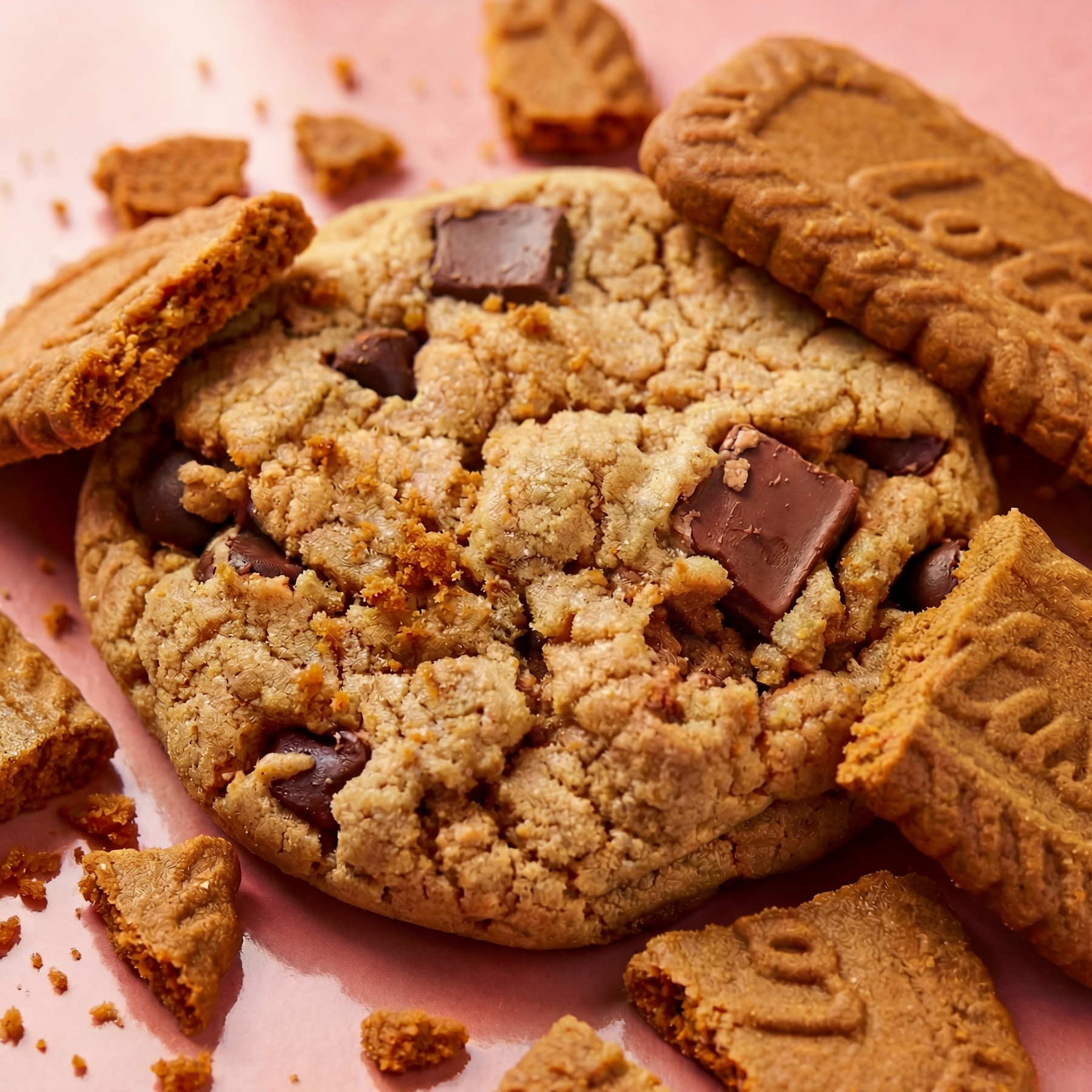 A close up image of Biscoff Drop cookie against a pink background