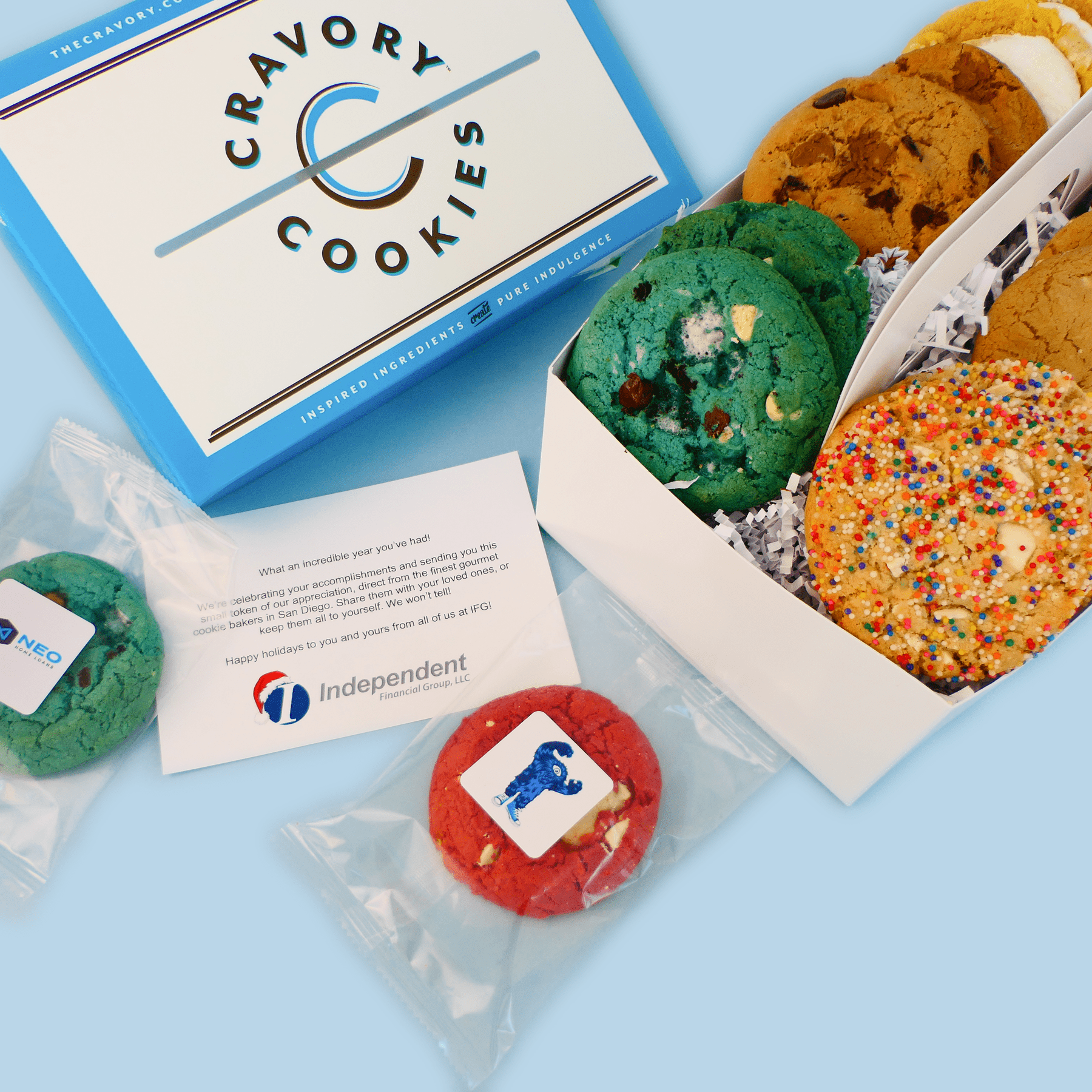 Assorted cookies individually wrapped with company logos