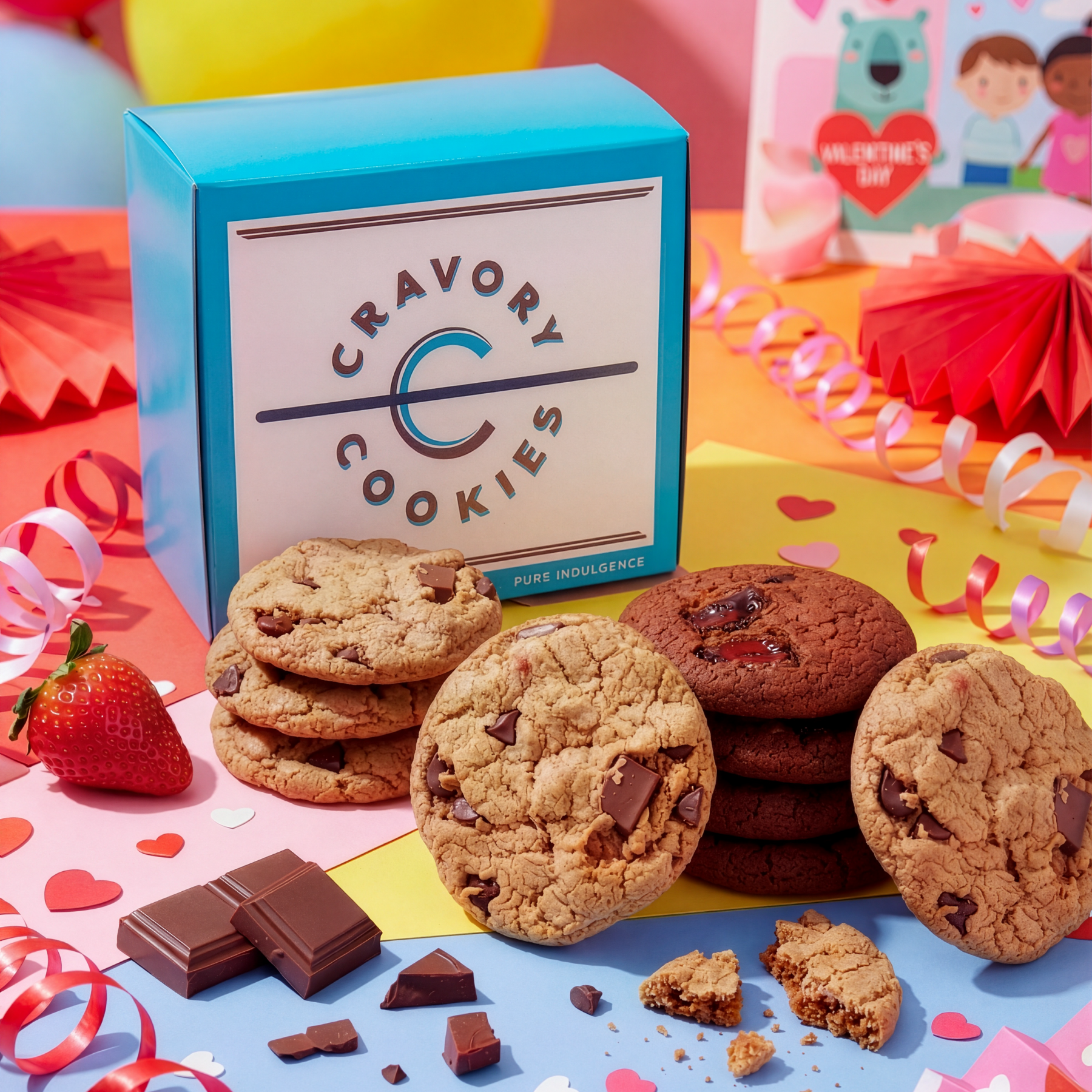 Cookies with a 'Cravory Cookies' box on a colorful background