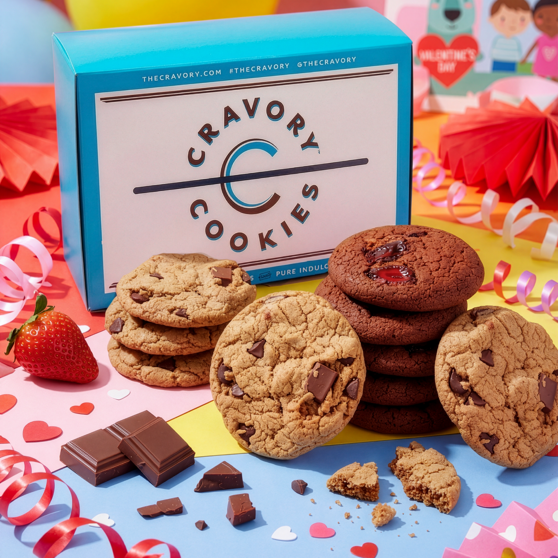 Cravory Cookies packaging with cookies and chocolate pieces on a colorful background