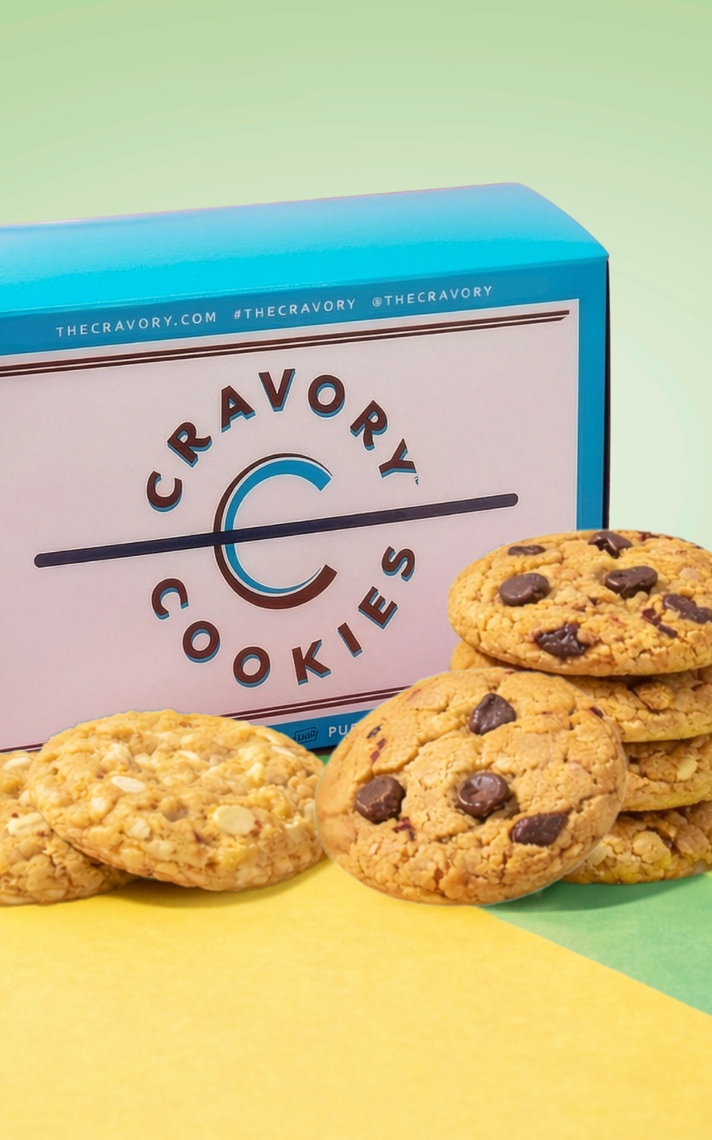 Cravory cookies with a box on a yellow and green background