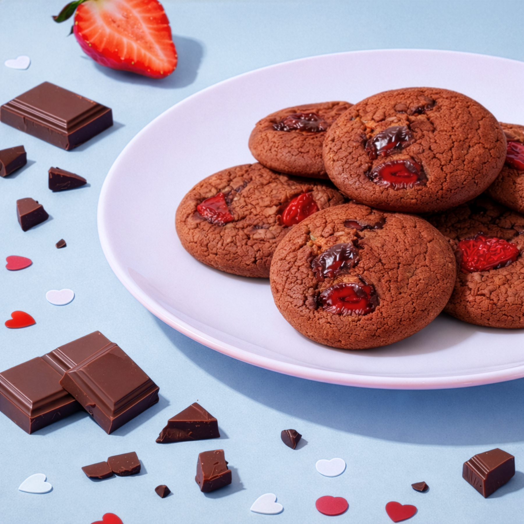 Hazelnut Strawberry Kiss Cookies on a white plate, surrounded by chocolate pieces and heart-shaped candies on a light blue background.