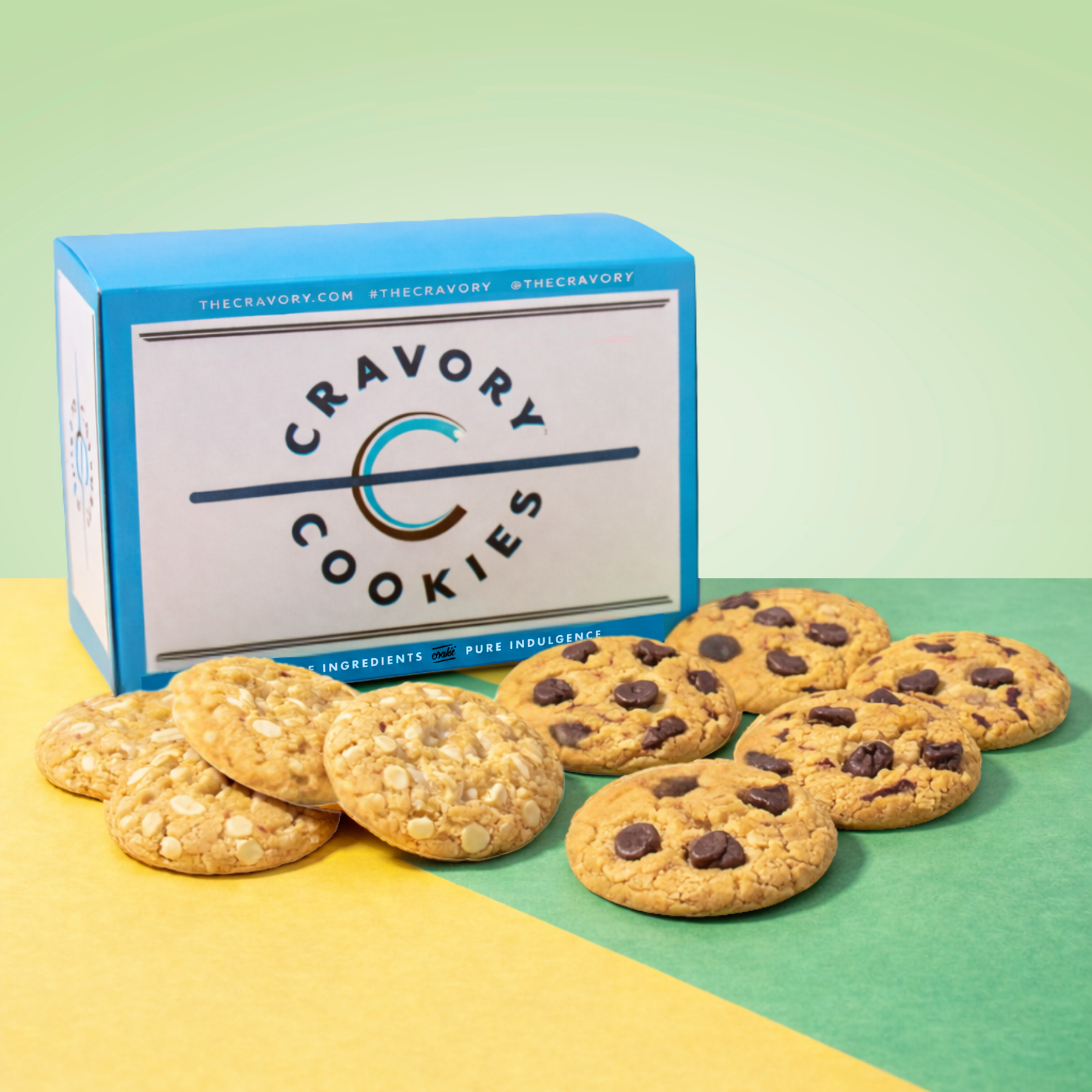 Box of Cravory Cookies with cookies on a green and yellow background