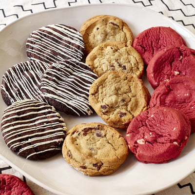 Chocoholics Mix, Gourmet Cookies - red velvet, ultimate chocolate chip, chocolate truffle closeup